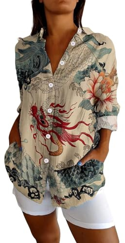 Blusa Lino Donna Estive Oversize Boho Scollo a V Tunica Elegante Classica Casual Traspirante Camicie in Cotone Spiaggia Fantasia Vacanza Maglietta Moda Maniche Lunghe Vintage Lavoro Maglia Tees