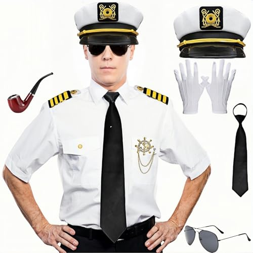 Boyigog Costume de capitaine marin pour homme - 8 pièces avec veste blanche, chapeau, gants, capitaine de bateau à thème cosplay, fête, Halloween, carnaval - Costume pour adulte (taille L)