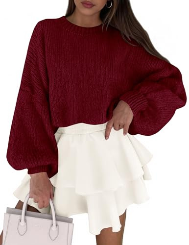PRETTYGARDEN Sweaters for Women 2026 Fall Chunky Knit Long Sleeve Crew Neck Oversized Pullover Tops Winter Fashion Clothing (Burgundy,X-Large)