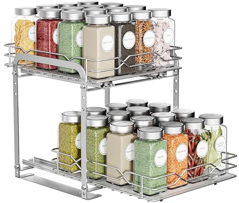 MAYZOLOP Estantería para especias extensible, organizador de especias de acero inoxidable, 2 niveles de altura ajustable, organizador de cocina, sistema de estantería para cocina, armario de cocina