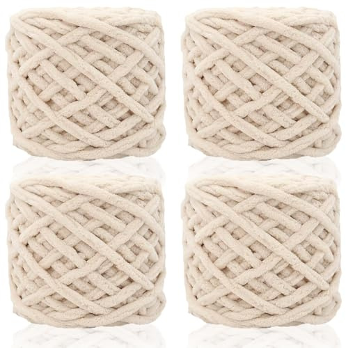 95gx4 Chunky Yarn for Crocheting & Knitting,7mm/0.27inches Thick Crochet Chenille Yarn,Fluffy Chunky Wool for Crochet Blanket,Doll,Bag,Hat,Pillow Cushion,Cat Bed(Beige)