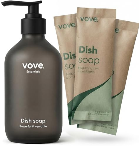 Vove Washing Up Liquid Starter Set with Refillable Glass Pump Bottle & 3 Refills, Bergamot Mint & Basil, Powder-to-Gel, Plant-based Concentrated Formula, Plastic-free Packaging