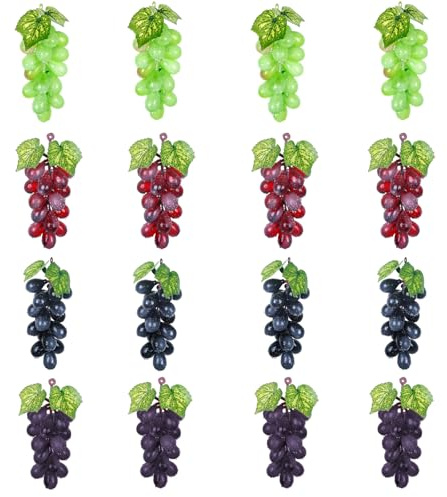 Molyorch 16 uvas decorativas de plástico, decoración de uvas realistas, frutas artificiales y verduras, decoración para vino, fruta, oficina de jardín (18 uvas)