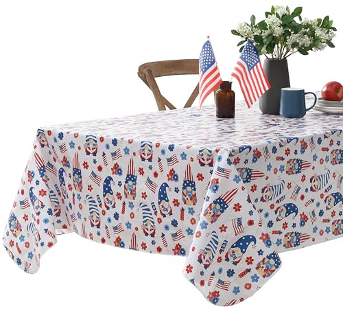 Newbridge Gnome Party Vinyl Flannel Backed Tablecloth, 60 x 102 Inch Rectangle, Patriotic 4th of July Gnomes with Flags and Fireworks Wipe Clean Table Cover