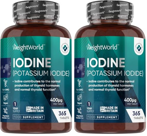 Iodine Tablets - 400mcg Potassium Iodide - 365 Vegan Tablets (1 Year Supply) - Non-GMO & Gluten-Free Iodine Supplement - Trace Mineral - Made in The UK (Pack of 2)