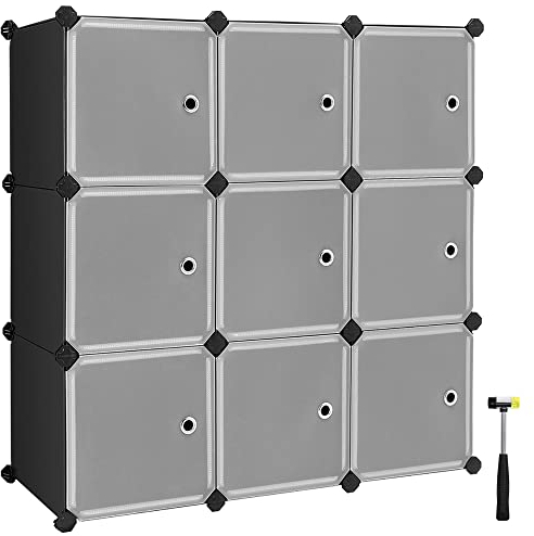 SONGMICS Regalsystem, Schuhregal, Set aus 9 Würfeln, Kleiderschrank aus Kunststoff, mit Türen, Steckregal, Aufbewahrung von Kleidung, Schuhen und Büchern, einfache Montage, schwarz LPC116HS