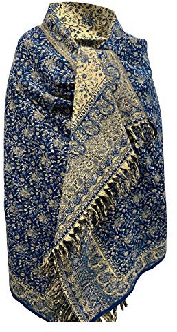 Écharpe/Châle/Foulard d'hiver luxueux en laine pure de yack tissé floral bleu foncé beige pour homme et femme, couverture en laine décorative, écharpe châle double face surdimensionnée, cadeau'