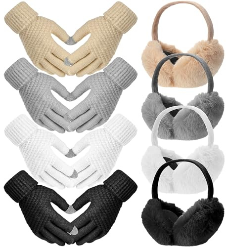 Liitrsh 8 Pack Winter Touch Screen Gloves with Winter Ear Muffs Warm Fleece Lined Knit Gloves and Foldable Earmuffs for Women(Bright Color)