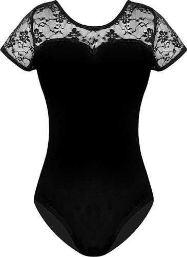 Mulnall Damen Ballett Spitze Kurzarm Tanztrikot Tank Hohl Rücken Tanzbekleidung Kurzarm Gymnastikanzug Damen Trikot Turnanzug(7037-06-S)