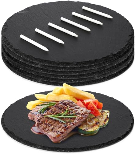 Uiifan 6 st runda svarta stenplattor 28 cm skifferostbrädor köttbrädor ostfat servering sten bricka display griffeltavla med täljsten krita för kött förrätter torkad frukt