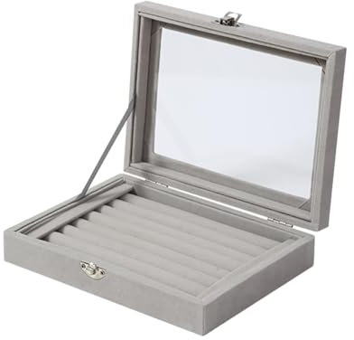 JIHUOO Plateau de Rangement à 7 emplacements pour bagues en Velours - Organisateur de Bijoux et de Boucles d'oreilles avec Couvercle Transparent pour vitrine de Bijoux - Gris