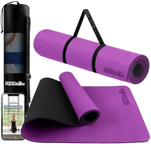LA MENTE ES MARAVILLOSA - Esterilla de Yoga, Pilates y Fitness【E-Book, Bolsa y Correa de Hombro】Colchoneta Antideslizante TPE para Deportes, Gimnasio en Casa | 183x61 cm (Morado/Negro sin Diseño)