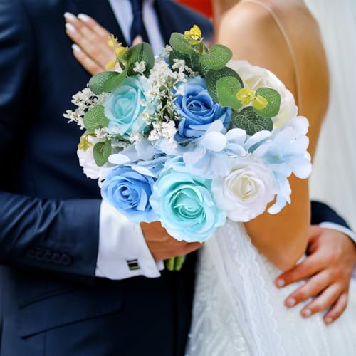 M METERXITY Ramos de Novia para Bodas, Ramo de Flores Artificiales Multicolores con Cinta de Seda [Azul]
