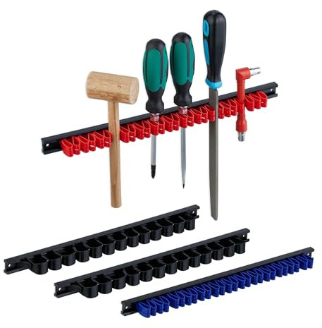 Relaxdays Set 4 Porta Utensili da Parete, Portattrezzi da Muro Ganci Doppi per Attrezzi e Cacciaviti, Plastica Colorata