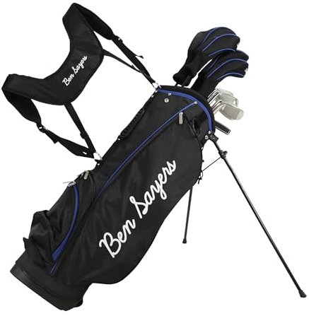 Ben Sayers M8 Ensemble de golf 13 pièces pour homme | Ensemble complet de 12 clubs en graphite/acier avec sac de support | Driver, bois, hybrides, fers, cales et putter (main droite – Bleu/noir)