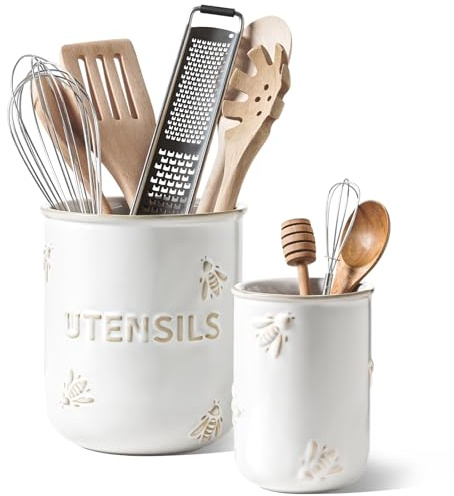 LE TAUCI Utensil Holder for Kitchen Counter - 6.9+5.3 Ceramic Kitchen Utensil Holder Set of 2, Large Cooking Utensil Crock & Organizer for Spatula, Spoon - Embossed Kitchen Decor, White,Bee