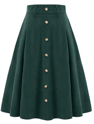 Kjol dam midilång manchesterkjol A-linje kjolar vintage vinterkjol tallrikskjol basic casual hög midja fritidskjol med fickor, Mörkgrön, XL