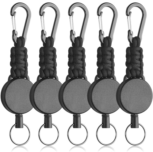 Uniclife Lot de 5 Porte-Clés Rétractable, Porte-Clés avec Enrouleur, Enrouleur de Badge Renforcé pour Clés et Carte d'Identité, Porte-Badge Extensible avec Mousqueton, Paracorde et Anneau Métallique