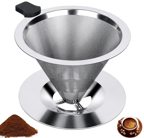 Filtro de café reutilizable de acero inoxidable 304, doble filtro de 800 mallas – Filtro manual con asa, portátil para casa, oficina y viajes