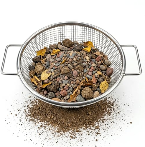 P!NKSHARK Tamis de jardin – Double poignées de 3,5 cm pour les grandes mains, 30 cm de diamètre pour seau de 18 l, maille en acier galvanisé de 1 mm, maille de 6 mm, passoire à compost pour jardin et