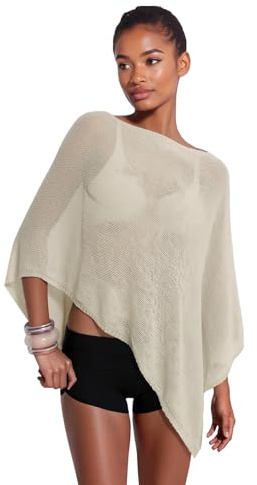 Women Sheer Poncho Top, Knit Crochet Bolero Mesh Shawl, Lightweight See Through Summer Shrug Beach Cover Up Y2K Style Beige
