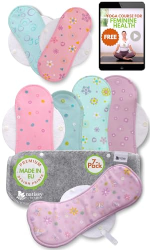 Compresas reutilizables en algodón orgánico para flujo menstrual ligero y abundante (S+M+L+XL, 7 uds); lavables a alta T°, HECHAS EN LA UE; suaves, no irritantes y cómodas, compresas tela para mujeres