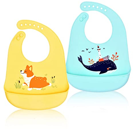 FILOWA Baby Silikon Lätzchen Wasserdichte,2er Set Silikon-lätzchen Babylätzchen mit Auffangschale Zum Bemalen Babybjörn BPA Frei Abwaschbar Verstellbare Einfache Reinigung Grün Gelb Blau Unisex kinder