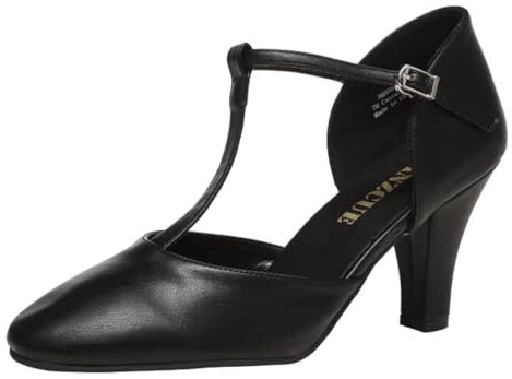Danzcue T-Strap Character Dance Shoes for Women Big Kid, Black Ballroom Dance Shoes, 3 Inch Heel, 8.5M