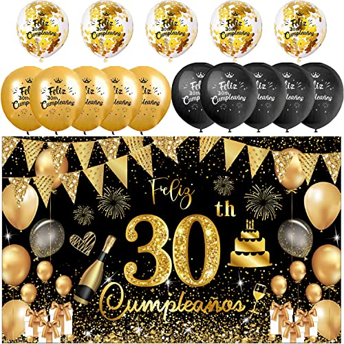 Decoración para Cumpleaños 30 en Español - Pancarta Feliz Cumpleaños, Fondo Cartel, 15 Globos - Kit de Adornos Negro y Oro para 30 Años - Happy Birthday