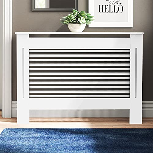 FATIVO Cache Radiateur Blanc Bois: Grille Couvercle Radiateur Maison de Chauffage en MDF Couvre Radiateur Armoire Design Couverture de Radiateur pour Salon Chambre - 111x19x92cm Horizontal