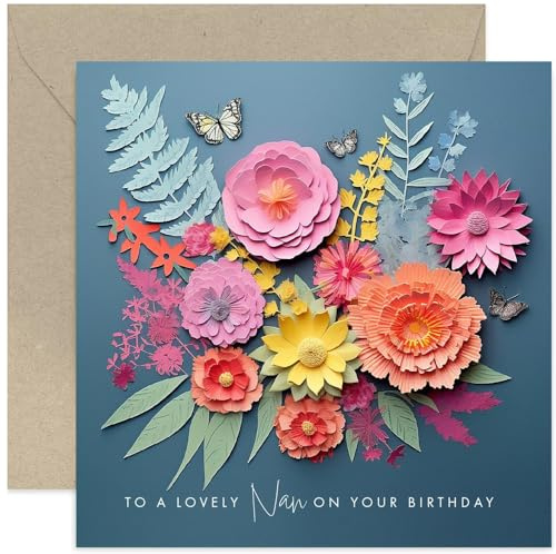 Old English Co. Lovely Nan Birthday Card for Her - Dark Flower Bunch and Butterfly Birthday Card from Grandchildren - Cute Nan Greeting Cards | Not 3D Card