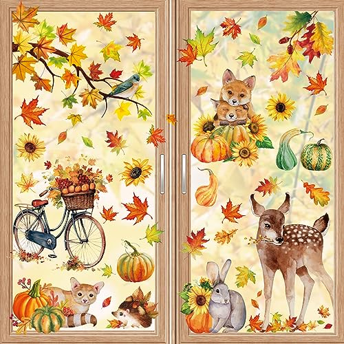 Aonveki 68 Stück Fensterbilder Herbst Selbstklebend, Thanksgiving Herbstdeko Fenster Aufkleber Ohne Kleber, Ahornblätter Kürbis Kleintiere Fensterdeko Herbst für Kinderzimmer Cafe