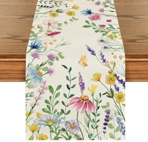Artoid Mode Gänseblümchen Eukalyptus Lavendel Blumen Blätter Frühling Tischläufer, Küche Esstisch Dekoration Drinnen Urlaub Party Dekor 40x140 cm