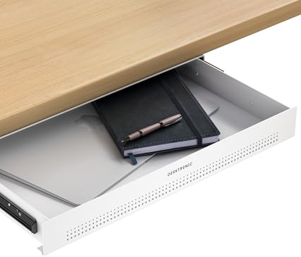 Desktronic Desk Drawer, Hidden Desk Organizer, Under-Desk Storage Drawer, Easy Installation, Space-Saving, Large Capacity, Metal, for Office and Vanity Desk, Durable Construction (White)