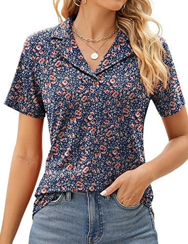 Rapbin Polo Femme Chemise Col Classique Col en V Manches Courtes Hauts d'Été Business Décontracté Coupe Golf Polos Tunique Blouse 2025, Bleu/marron, L