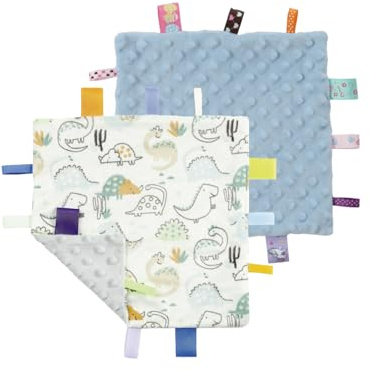 CREVENT Tag Security Blankets for Babies, Soft Small Loveys for Girls, Baby Comforter Sensory Blanket, Great Gifts for Birthday Baby Shower 24X24cm (Dinosaur+Blue)
