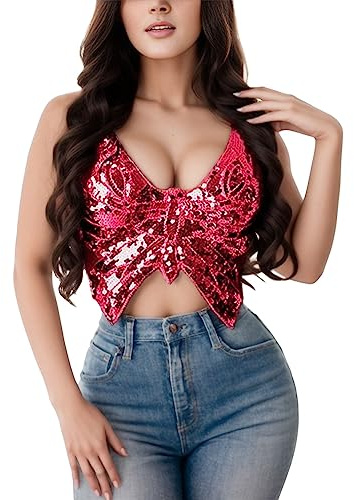 Generisch 2025 chaleco de baile lentejuelas outings top vendaje tanque vientre mujeres sujetador traje brillante zapatillas tumblr, Rosa intenso., Talla única