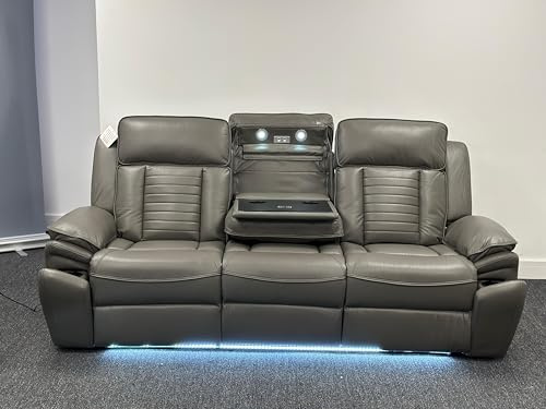 Savilla Leather Electric Recliners Sofa With Cupholders – 3+2 Seater Sofa Set – Electric Recliners – LED Lights – Wireless Charging – USB Charging & USB C Charging (Grey, 3 Seater)