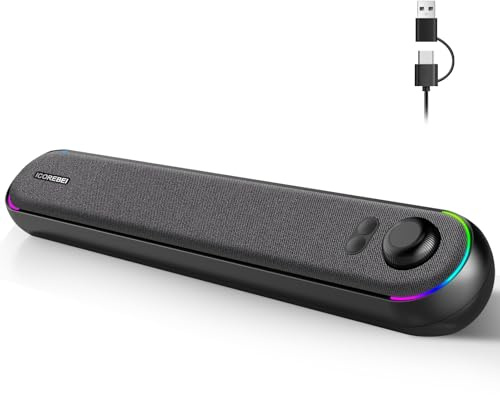Desktop Computer Speakers, Stereo Soundbar, Bluetooth 5.3, USB/USB-C Power and Audio Transmission, Plug-and-Play, Compatible with PC, Mac, Laptops, Monitors, RGB Lighting, Wired Gaming Speakers