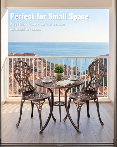 Roomark Conjunto de Mesa y Sillas de Jardín de 3 Piezas en Aluminio Fundido, Juego de Muebles de Exterior Antióxido con Mesa Redonda y 2 Sillas para Balcón, Terraza y Patio, Bronce