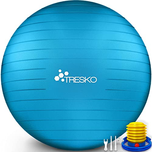 TRESKO® Pelota de Gimnasia Anti-Reventones | Bola de Yoga Pilates y Ejercicio | Balón para Sentarse | Balon de Ejercicio para Fitness | 300 kg | con Bomba de Aire | Azul | 75cm