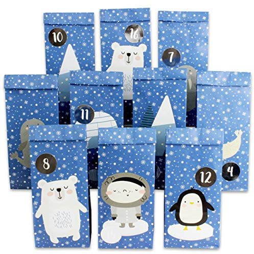 Papierdrachen calendario dell'avvento fai da te da riempire - animali da polo da attaccare - con 24 sacchetti di carta stampati blu e grandi adesivi per bambini - Natale
