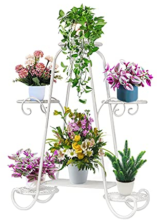 KOLENSA 6-stufige Pflanzenständer mit rundem Tablett für drinnen und draußen, Blumentopfhalter-Regal für mehrere Pflanzen, Garten-Patio-Topf-Halter-Display-Rack