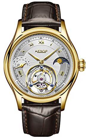 Aesop Moon Phase GMT Tourbillon Men Watches Mechanical Tourbillon Hand Wind Movement Men Wristwatches Sapphire Waterproof Luxury Business Watch for Men 7027(Gold with White)
