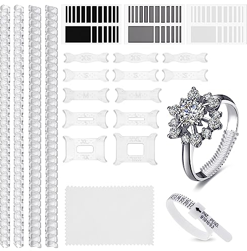 Prasacco 21 Stück Ringgrößenversteller Set, Transparente Spiralfaden für Ringgrößenbestimmung 8 Größen Transparente Ringeinsteller mit Ringgrößenanpassung Abstandshalter, Poliertuch und Messwerkzeug