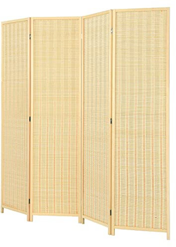 COSTWAY 4 Panel Folding Room Divider, Bamboo Woven Freestanding Wall Privacy Screen Protector, Solid Wood Frame Paravent Partition Separator for Living Room, Bedroom and Office, 181x180cm