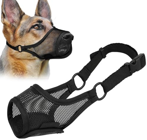 LUCKYPAW Dog Muzzle, Mesh Muzzle for Large Medium Small Dogs, Soft Mouth Guard for Biting Chewing, Breathable Mouth Guard with Adjustable Strap for Training(Black, L(Snout:9.75-11))