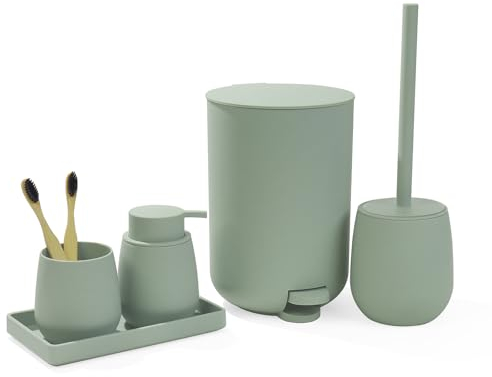 AJEUNGAIN Badset Badezimmer Set Grün, Modern Badausstattung Sets Organizer, Bad Set Mülleimer Klobürste Seifenspender und Zahnputzbecher Tablett (Grün-5 Teiliges)
