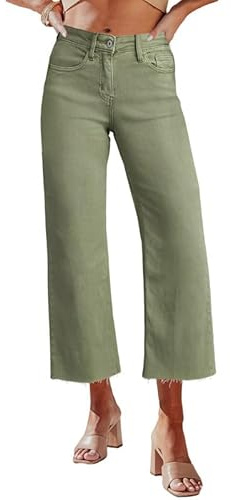 Allimy Vaqueros de cintura alta para mujer, pierna recta y ancha, dobladillo rasgado, pantalones capri de mezclilla elásticos, Leaf It To Me Hoja Oliva, 44