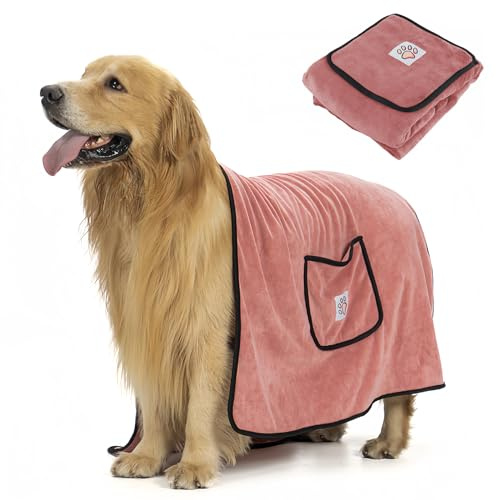 heavenlife Pet Bath Towels 130x70cm, Super Absorbent Dog Drying Towel, Microfiber Pet Bath Towel 400GSM with Hand Pockets, Soft Bath Towel for Small Medium and Large Pet (Pink)